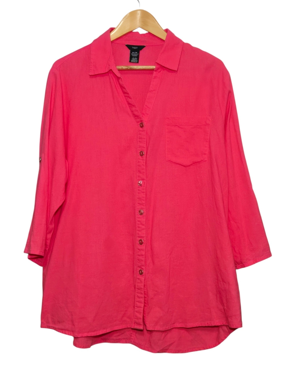 Haggar XL Pink Linen Rayon Blend Tunic Button Front 3/4 Sleeve Women